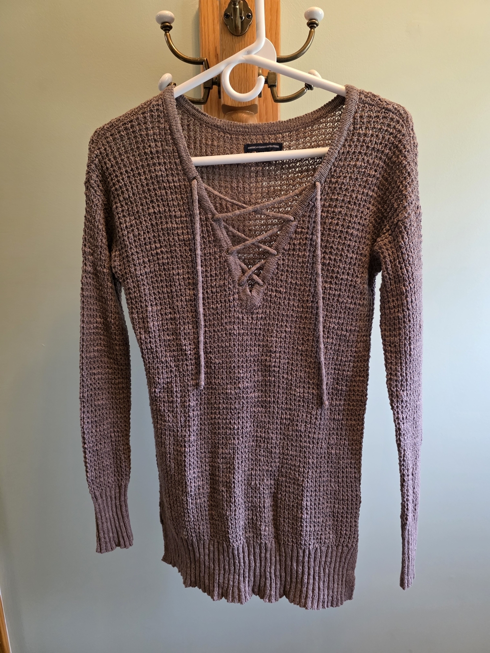 American Eagle Outfitters Lace-Up Knit Sweater in Taupe